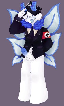 1boy 2024 2d blue_dick blue_eyes blue_horns cartoony demon demon_boy demons horns icedagger_(phighting) male male_only nazi nazi_armband nazi_uniform penis roblox roblox_game robloxian salute smile smiling source_request tagme white_skin