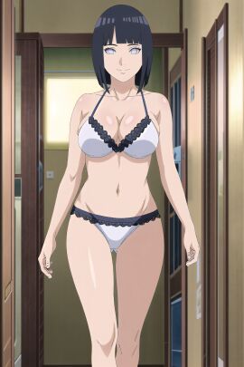 ai_generated big_breasts black_hair boruto:_naruto_next_generations bra bright_pupils byakugan dark_hair fit fit_female highres hourglass_figure hyuuga_hinata inside lace lace-trimmed_bra lace-trimmed_panties lingerie lingerie_only looking_at_viewer mature_female milf naruto naruto_(series) naruto_shippuden panties ragnarock_ai short_hair smiling_at_viewer walking walking_towards_viewer
