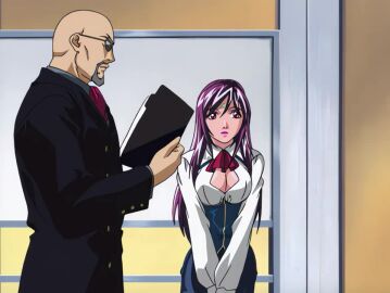 00s 1boy 1girls 2004 animated bald bench bible_black bible_black_new_testament blazer bouncing_breasts bow bowtie breasts cleavage cleavage_cutout clothing_cutout earrings female female_focus formal_clothes goatee ichikawa_aki jacket jewelry large_breasts lipstick long_coat long_hair makeup male patch purple_hair red_eyes running shin_bible_black shoulder_patch sidelocks suit sunglasses surprised tagme tokken_division video yuge_toru