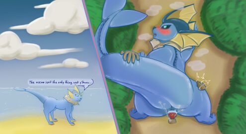 absurd_res animal_genitalia animal_penis animal_vulva beach blue_body blush breath burnyburnstein canid canine canine_genitalia canine_penis canine_vulva cloud cloudy_sky cum_strand dark_eyes digital_media_(artwork) disembodied_hand disembodied_penis duo eeveelution english_text female feral from_behind_position generation_1_pokemon genitals hi_res interspecies knot male male/female mammal nintendo open_mouth outside panting penis plant pokemon pokemon_(species) pokephilia sand sea sex shrub sky slap spread_legs spreading standing standing_sex tail tail_grab text thick_tail two_panel_image vaporeon water zoophilia