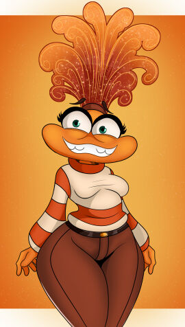 anxiety_(inside_out) anxious disney green_eyes inside_out nervous nervous_smile orange_body orange_hair pixar smiling sonson-sensei striped_clothing sweater wide_hips