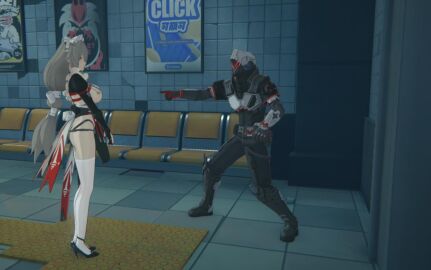 1boy 1girls 3d alexandrina_sebastiane armor armour breasts confused erotic_costume exhibitionism exhibitionist female female_focus game_mod grey_hair in_game kneesocks maid maid_headdress male npc partially_clothed partially_nude pointing public public_exposure public_nudity red_eyes sexy_underwear victoria_housekeeping zenless_zone_zero