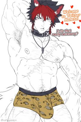 animal_ears armpit armpit_hair balls bara big_bulge body_hair bulge collar flaccid gomoro hand_behind_head komano_manato male male_only monochrome muscles muscular necklace penis scar solo solo_male tail text underwear underwear_only yaoi zenless_zone_zero