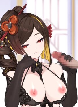 annoyed bare_shoulders between_breasts black_bra black_gloves blonde_hair bra bra_pull breasts brown_hair censored chiori_(genshin_impact) clothes_pull drill_hair drill_ponytail female frown genshin_impact gloved_handjob gloves hair_ornament handjob highres long_hair male medium_breasts mosaic_censoring nipples penis piccione red_eyes underwear underwear_only upper_body
