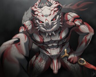 anthro baldur's_gate baldur's_gate_3 balls bent_over dagger dragonborn_(dnd) dungeons_and_dragons foreskin front_view genitals grin hasbro hi_res horn humanoid_genitalia humanoid_penis looking_at_viewer male male_only melee_weapon muscular muscular_anthro muscular_male noronori penis red_eyes scalie sharp_teeth smile solo tail teeth the_dark_urge_(baldur's_gate) uncircumcised weapon wizards_of_the_coast