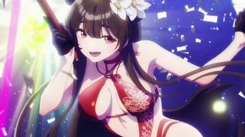 bikini bouncing_breasts breasts brown_hair dance flower flower_in_hair ghost goddess_of_victory:_nikke long_hair red_bikini seductive smile tagme video yan_(nikke) yan_(sunrise_market)_(nikke)