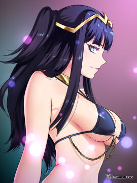 1girls alternate_costume bare_shoulders bikini black_bikini black_hair black_swimsuit blue_eyes blunt_bangs breasts chains cleavage etchimune female female_only fire_emblem fire_emblem_awakening gold_chain gradient_background jewelry long_hair looking_at_viewer medium_breasts nintendo sideboob sidelocks smile solo swimsuit tharja_(fire_emblem) tiara twitter_username two_side_up underboob