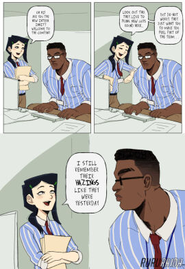 2boys androgynous black_hair clothed_male dark-skinned_male dark_skin english_text intern_trap_(ruru-raida) male male_focus male_only muscular muscular_male oc office ruru-raida text trap