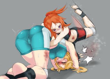 2girls arms_behind_head ass bare_shoulders black_gloves blonde_hair cameltoe catfight clenched_teeth closed_eyes closed_mouth female female_focus fighting fingerless_gloves gloves grey_background highres long_hair midriff multiple_females multiple_girls navel nexas orange_hair original pain ponytail purple_eyes pussy simple_background sweat teeth