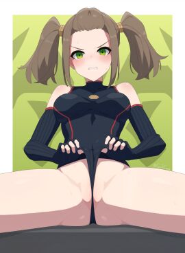 ai_assisted angry blush breasts brown_hair elbow_gloves female female_only fingerless_gloves gloves green_eyes guilegaze hi_res looking_at_viewer medium_breasts monolith_soft nintendo pussy pussy_wedgie shania_(xenoblade) solo solo_female spread_legs twintails wedgie xenoblade_(series) xenoblade_chronicles_3