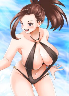1girls adahcm big_breasts bikini black-haired_female black_eyes black_hair blush breasts criss-cross_halter cross_halter_bikini female female_focus female_only halterneck large_breasts momo_yaoyorozu muscular my_hero_academia navel one-piece_swimsuit ponytail smile solo solo_female solo_focus swimsuit thick_thighs