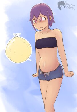avalonharpy bladder_bulge bladder_gauge have_to_pee omorashi open_fly original original_character panty_peek purple_hair shorts unbuttoned_shorts white_panties yuzu