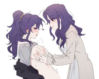 2girls artist_request asahina_mafuyu asahina_mafuyu's_mother blush breasts clothed female female_only groping_breasts incest mother_and_daughter ponytail project_sekai purple_eyes purple_hair simple_background source_request tongue tongue_out white_background yuri