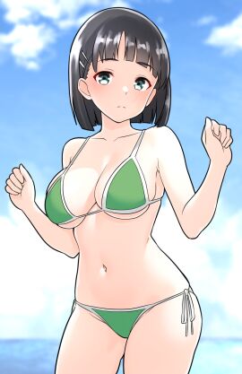1girls absurd_res absurdres armpits arms_up bare_armpits bare_arms bare_belly bare_chest bare_hands bare_hips bare_legs bare_midriff bare_navel bare_shoulders bare_skin bare_thighs bare_torso belly belly_button bikini bikini_bottom bikini_only bikini_top black-haired_female black_hair blue-eyed_female blue_eyes blue_sky blunt_bangs blush blush_lines blushing_at_viewer blushing_female bob_cut breasts cleavage clouds collarbone curvy curvy_body curvy_female curvy_figure curvy_hips curvy_thighs day daytime dot_nose elbows eyebrows_visible_through_hair female female_only fingers fully_clothed furaggu_(frag_0416) green_bikini green_bikini_bottom green_bikini_top green_string_bikini green_swimsuit green_swimwear groin hairpin half_naked hands_up head_tilt high_resolution highres hourglass_figure kirigaya_suguha large_breasts legs light-skinned_female light_skin looking_at_viewer naked naked_female navel nude nude_female ocean outdoors outside pussy revealing_clothes sea seaside short_hair shoulders side-tie_bikini sideboob skimpy_clothes sky slender_body slender_waist slim_female slim_waist solo standing string_bikini student swimsuit swimwear sword_art_online teenager thick_thighs thighs thin_waist tilted_head underboob upper_body v-line wide_hips