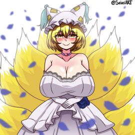 1girls artist_name big_breasts blonde_hair boobs breasts cleavage female fox_girl hat kitsune light-skinned_female light_skin multi_tail petals ran_yakumo seireiart smile solo solo_female tail tails tears_of_joy touhou watermark wedding_dress white_background yellow_hair