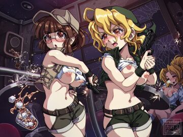 6+girls artist_name belt blonde_hair blush breasts broken_glass brown_eyes brown_hair cleavage clothing erect_nipples eri_kasamoto female female_only fio_germi firearm glasses gun gunshot handgun hat hip_vent human indoors karosu-maker medium_breasts medium_hair metal_slug multiple_females multiple_girls navel nipples no_bra open_mouth paid_reward_available pale_skin panty_peek pistol ponytail revealing_clothes revolver rumi_aikawa shirt_lift short_shorts shorts sidelocks snk vest weapon