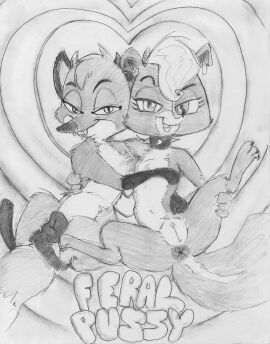 2024 animal_genitalia animal_pussy anthro anus canid canine canine_genitalia canine_pussy clitoral_hood clitoris collar crossover duo english_text female female/female feral fox fur genitals hasbro heart_symbol hi_res horse420 jungledyret_hugo littlest_pet_shop littlest_pet_shop_(2012) lying mammal mephitid monochrome on_back open_mouth open_smile pepper_clark pussy rita_(jungledyret) skunk smile smiling_at_viewer spiked_collar spikes text traditional_media_(artwork)