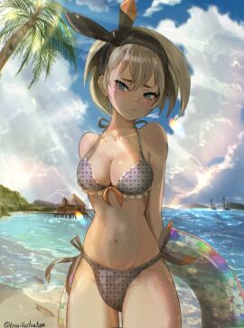 bare_shoulders bea_(pokemon) beach bikini black_hairband blue_eyes blush bo_(bouillustration) breasts cleavage closed_mouth collarbone dark-skinned_female dark_skin female frilled_bikini frills grey_hair hair_between_eyes hairband highres holding holding_swim_ring innertube looking_at_viewer medium_breasts outdoors pokemon pokemon_swsh short_hair solo sunlight swim_ring swimsuit water