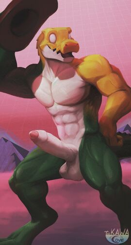 anthro balls crocodile crocodilian digitigrade drakawa erection food food_creature foreskin genitals glitch_productions gummigoo_(tadc) gummigoo_(the_amazing_digital_circus) humanoid_genitalia humanoid_penis looking_at_viewer male male_only muscular open_mouth open_smile penis reptile scalie smile solo the_amazing_digital_circus uncircumcised