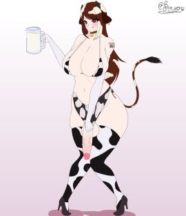 1futa balls barcode barcode_tattoo bell_choker big_breasts biie breasts brown_hair choker clothed clothing cow_ears cow_girl cow_horns cow_tail cum cum_cup cum_in_cup cumdrip cup_of_cum female futa_only futanari high_heels human intersex knees_together_feet_apart light-skinned_futa light_skin long_hair mostly_nude penis penis_dripping solo standing thick_thighs thighhighs thighs twitter_username