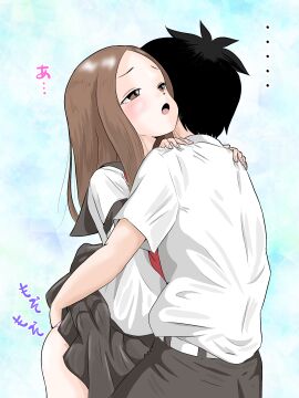 1boy 1girl ambiguous_fingering brown_hair female fingering hatomugi_(user_datj4345) hetero hug hugging karakai_jouzu_no_takagi-san long_hair male/female nishikata no_panties panties pleasure pleasure_face school_uniform sexually_suggestive sfw skirt straight straight_hair takagi-san traditional_media_(artwork) upskirt young younger_female younger_male