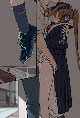 1boy 1girls ? alternate_version_available amiya_(arknights) animal_ears arknights big_dom_small_sub black_jacket blue_eyes brown_hair bunny_ears bunny_girl clothed_sex crying crying_with_eyes_open cum cum_drip dangling_legs dead_eyes dripping_cum empty_eyes female from_front_position fully_clothed headphones held_up holding implied_sex larger_male lifted m-18 male newspaper offscreen_sex panties postal_carrier rolling_eyes smaller_female standing_sex stealth_sex tears white_panties