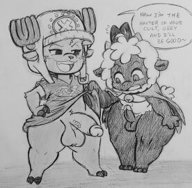 balls cult_of_the_lamb dialogue fauxtellno1_(artist) femboy furry gay lamb_(cult_of_the_lamb) male male_focus male_only one_piece penis shirt_lift speech_bubble tony_tony_chopper traditional_media_(artwork) yaoi