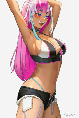 :d armpits arms_up artist_request bangs bikini black_shorts breasts chains choker cleavage cowboy_shot crop_top cutoffs dark-skinned_female dark_skin exposed_pocket facial_mark female heart highleg jewelry large_breasts long_hair micro_shorts midriff multicolored_eyes multicolored_hair navel necklace oerba_yun_fang open_mouth pink_hair purple_eyes short_shorts shorts simple_background smile solo streaked_hair swimsuit teeth thigh_strap virtual_youtuber white_background yfu_baby