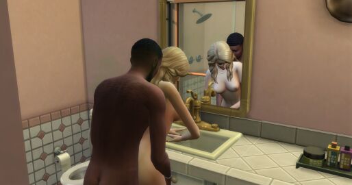 1boy 1girls 3d ambiguous_penetration blonde_hair dark-skinned_male dark_skin female interracial light-skinned_female light_skin male the_sims the_sims_4