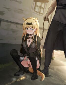 arknights bitch_taken_for_walk bound_arms collar female horn_(arknights) leash_and_collar panties peeing pubic_hair reber rope_around_neck rope_bondage tail urine