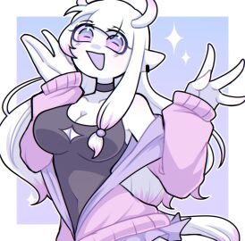 breasts cute earrings female horns huge_breasts humanoid long_hair navel oc original_character pink pink_eyes pink_hair purple purple_background purple_eyes smile white_hair white_skin yume0534