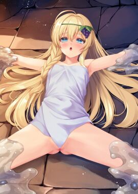 1girls ahoge armpits arms_up ass blonde_hair blue_eyes blush braid breasts commission convenient_censoring female female_only food food-themed_hair_ornament fruit grape_hair_ornament grapes hair_ornament iris_(konosuba) kirishima_satoshi kono_subarashii_sekai_ni_shukufuku_wo! long_hair lying naked_towel on_back open_mouth outstretched_arms pixiv_commission restrained slime_(creature) slime_(substance) slime_monster small_breasts solo spread_legs thighs towel white_towel