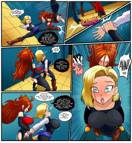 1futa 1girls android_18 android_21 arm_lock arms_behind_back ass balls big_ass big_breasts big_penis blonde_hair blue_eyes blush bottomless breasts brown_hair bubble_ass bubble_butt clothed clothing comic dialogue dragon_ball dragon_ball_fighterz dragon_ball_z english_text erection female fucked_through_clothes futa_on_female futanari grinding_through_clothes horny human implied_penetration intersex kogeikun light-skinned_futa light_skin long_hair mostly_clothed penis prison_guard_position red_eyes sex short_hair standing sweating tagme tears_of_pleasure text tongue tongue_out veiny_penis