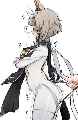 1girls blue_eyes blunt_bangs bodysuit crotch_rope female fox_ears glasses grey-haired_female grey_hair jorin meredith_(strinova) nago_purin onomatopoeia pulling pulling_clothing pussy rubbing rubbing_pussy short_hair strinova tagme wedgie wedgied_female white_background white_jumpsuit