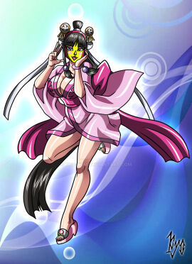 1girls 2024 2d 2d_(artwork) 2d_artwork alternate_body_type alternate_breast_size alternate_costume asian asian_clothes asian_clothing asian_female bare_legs big_breasts big_hair black_hair blue_eyes blush bracelet breasts capcom cleavage cleavage_cutout clothed clothed_female clothes clothing color colored curvaceous curvaceous_figure curves curvy curvy_body curvy_female curvy_figure eyebrows eyebrows_visible_through_hair eyeliner eyeshadow fanart female female_focus female_only full_body gyakuten_saiban hair_accessory hair_bun hair_ornament hair_ribbon hairbow hand_on_cheek hand_on_face hi_res high_resolution highres human human_only kimono kyo-domesticfucker large_breasts legs light-skinned_female light_skin lips long_hair looking_at_viewer makeup mask masked masked_female maya_fey no_bra pearls pink_bow pink_eyeshadow pink_kimono pink_ribbon pinup polygon polygonal ponytail ponytail_female red_lips red_lipstick sandals signature simple_background smile smiling smiling_at_viewer smiling_face solo solo_female solo_focus thick thick_legs thick_thighs thighs v-sign waist_bow waist_ribbon watermark white_bow white_ribbon