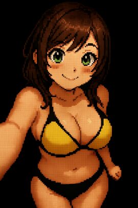 ai_generated big_breasts bikini bitch bitchsuit bra breasts brown_hair cute cute_face female green_eyes legs looking_at_viewer navel no_background pixel_art sexy slutty_costume slutty_pose smile suggestive suggestive_look suggestive_pose thong waist wallpaper yellow_bikini