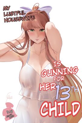 1girls big_breasts breasts carmach101 cleavage collarbone doki_doki_literature_club doujin_cover doujinshi_cover dress english_text female green_eyes long_hair monika_(doki_doki_literature_club) text white_dress