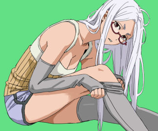 adjusting_clothes adjusting_legwear ayase_seiko bare_shoulders breasts brown_eyes cleavage dandadan dolphin_shorts elbow_gloves female glasses gloves green_background hair_down highres long_hair looking_at_viewer mature_female semi-rimless_eyewear shiren shiren_(ourboy83) shorts simple_background solo thighhighs white_hair