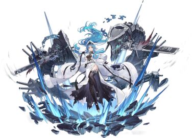 azur_lane black_background black_footwear black_gloves black_thighhighs blue_eyes blue_hair boots breasts cannon cg cleavage coat dress earrings elbow_gloves female floating_hair full_body fur-trimmed_coat fur_trim gloves hair_ornament hat high_heel_boots high_heels holding ice jewelry large_breasts long_hair long_sleeves looking_at_viewer machinery multicolored_hair official_alternate_costume official_art open_clothes open_coat open_mouth pelvic_curtain ponytail rigging side_slit smile solo sovetskaya_belorussiya_(azur_lane) standing sword thigh_boots thighhighs torn_clothes transparent_background turret very_long_hair weapon white_coat white_dress white_footwear white_headwear