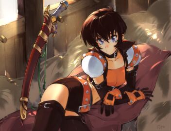 1girls belt black_hair blanket choker crop_top female gloves hair_between_eyes leather leather_choker looking_at_viewer lying midriff navel on_side optionaltypo purple_eyes rutee_katrea sheath sheathed short_hair shorts solo sword tales_of_(series) tales_of_destiny thighhighs very_short_hair weapon