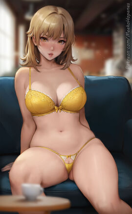 absurdres big_breasts blurry bra breasts brown_eyes brown_hair cameltoe cleavage cup depth_of_field female highres indoors isshiki_iroha kneehighs large_breasts lips medium_hair meekohopanes my_teen_romantic_comedy_snafu navel open_mouth panties patreon_username pink_nails pussy pussy_peek sitting socks solo stool teacup thighs underwear underwear_only variant_set yellow_bra yellow_panties