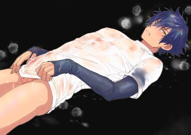 1boy ass balls biting_own_lip blush bulge embarrassed ensemble_stars! erection from_side frown hair_between_eyes highres long_sleeves looking_at_viewer male male_focus masculine nipples parted_lips sazanami_jun shirt shirt_grab short_hair simple_background solo solo_male steam teeth testicles thighs toroi_(run01211) upper_teeth wet wet_clothes wet_shirt