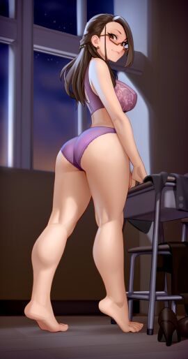 absurdres ass bare_arms bare_legs bare_shoulders barefoot black_shoes bra breasts brown-framed_eyewear brown_hair calves chair classroom commentary defined_calves desk earrings english_commentary evening feet female floral_print from_side full_body glasses half_updo high_heels highres indoors jacket jewelry kairuhentai kairunoburogu kneepits lace lace-trimmed_panties lace_trim large_breasts large_variant_set legs long_hair looking_at_viewer miru_tights okuzumi_yuiko panties purple_bra purple_panties school_desk semi-rimless_eyewear shoes smile solo standing teacher tiptoes toes under-rim_eyewear underwear underwear_only unworn_jacket unworn_pantyhose unworn_shoes variant_set window