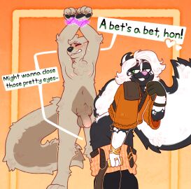 2024 absurd_res ambiguous_gender anthro belt bet blush bodily_fluids bottomwear bottomwear_down bound canid clothed clothing crownedvictory ear_piercing ear_ring flaccid genitals green_eyes hair hands_tied hi_res imminent_fart male mammal mephitid nude nude_male pants pants_down partially_clothed penis piercing ring_piercing scared skunk skunk_tail smile smirk sweat tagme teasing white_hair