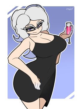 1girls 1nkdax 2d_(artwork) black_dress cleavage digital_drawing_(artwork) digital_media_(artwork) dress female female_focus female_only looking_at_viewer nintendo octoling octoling_girl pose posing posing_for_the_viewer purple_eyes splatoon splatoon_(series) splatoon_3 twitter_link twitter_username white_hair wine wine_glass