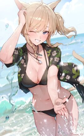 1girls absurd_res absurdres animal_ear_fluff animal_ears animal_tail bare_arms bare_belly bare_chest bare_hands bare_hips bare_legs bare_midriff bare_navel bare_skin bare_thighs bare_torso belly belly_button bikini bikini_bottom bikini_top black_bikini black_bikini_bottom black_bikini_top black_shirt black_string_bikini black_swimsuit black_swimwear blonde-haired_female blonde_female blonde_hair blue-eyed_female blue_eyes blue_sky blush blush_lines blushing_female breasts cleavage clouds collarbone covered_nipples day daytime dot_nose dripping_wet elbows exposed exposed_arms exposed_belly exposed_legs exposed_midriff exposed_thighs exposed_torso female female_focus female_only fingers groin half_naked hand_on_hair hand_on_head hand_on_own_hair hand_on_own_head head_tilt high_resolution highres hourglass_figure legs light-skinned_female light_skin long_hair looking_at_viewer medium_breasts naked naked_female navel necklace nude nude_female ocean open_clothes open_clothing open_shirt original original_art original_artwork original_character outdoors outside sea seaside shirt shoulders sky slender_body slender_waist slim_female slim_waist smile smiling_at_viewer solo sooon standing string_bikini swimsuit swimwear thick_thighs thighs thin_waist tilted_head unbuttoned unbuttoned_shirt upper_body v-line water wet wet_belly wet_bikini wet_body wet_breasts wet_face wet_hair wet_legs wet_skin wet_thighs wide_hips