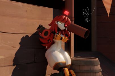 1girls 3d artist_signature big_breasts breasts covered_nipples covering_breasts female leaning_against_wall mimi_sentry mimi_sentry_(zzwz) nude psychodelia robot robot_girl smile solo standing tagme team_fortress_2 thick_thighs