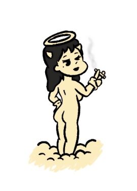 1girls alice_angel angel ass back_view bendy_and_the_ink_machine black_eyes black_hair breasts cigarette ciphermaster cloud female female_only gloves halo horns naked nude sideboob standing thick_ass winking_at_viewer