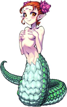 1girls blush breasts covered_nipples covering_breasts devil_slayer_-_raksasi embarrassed_nude_female enf female flower_in_hair lamia looking_at_viewer monster_girl naga naked naked_female navel no_sex nude nude_female petite pointy_ears red_hair scales snake snake_girl snake_tail tagme