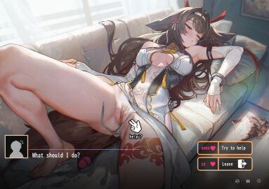 1girls 2d 2d_(artwork) breasts brown_hair kryp132 long_hair long_tail male_pov panties panties_aside pov pussy pussy_juice pussy_juice_drip tail tattoo tattoo_on_legs user_interface wise_(zenless_zone_zero) ye_shunguang zenless_zone_zero